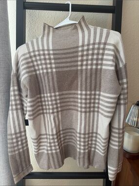 Max Studio Plaid Mock Neck Sweater in Cream and Taupe